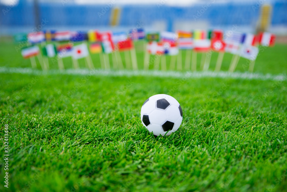 Flags of all football nations on green grass. Football ball, Fans, support photo, edit space Flags of all football nations on green grass. Football ball, Fans, support photo, edit space