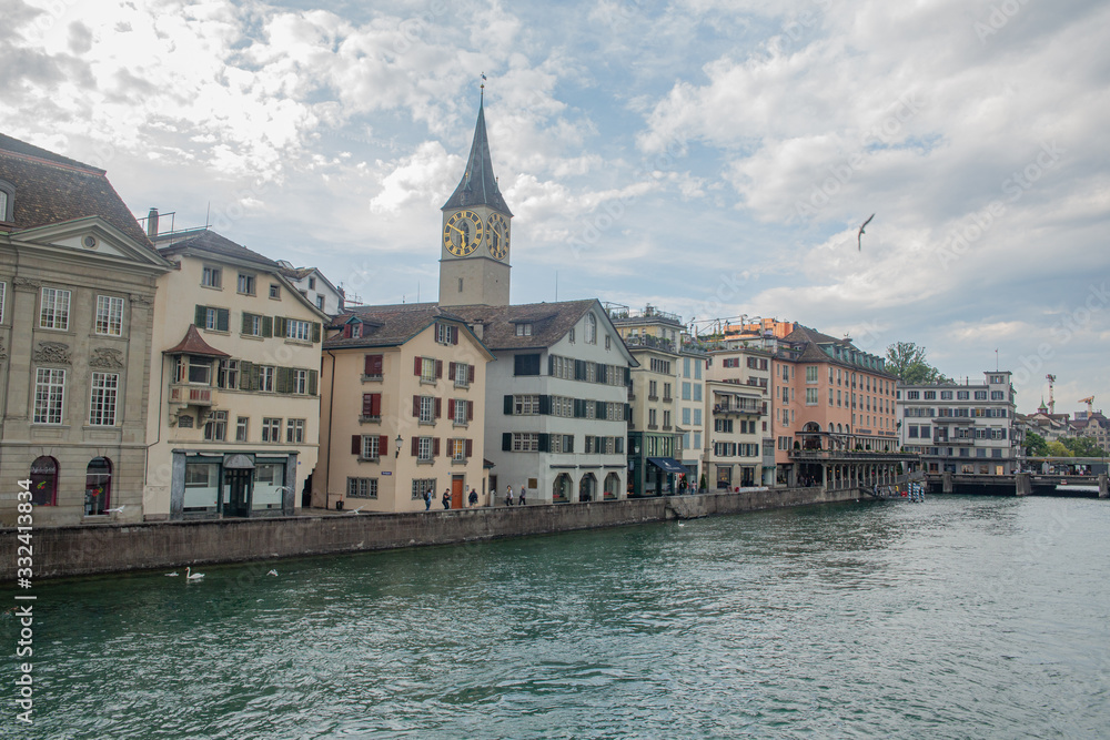 European old town and riverbank, Zurich Old Town and Limmat river