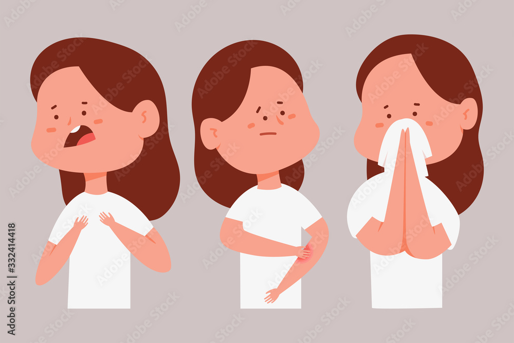 Woman with allergy symptoms. Sick girl vector cartoon characters set isolated on a background. Woman with allergy symptoms. Sick girl vector cartoon characters set isolated on a background.
