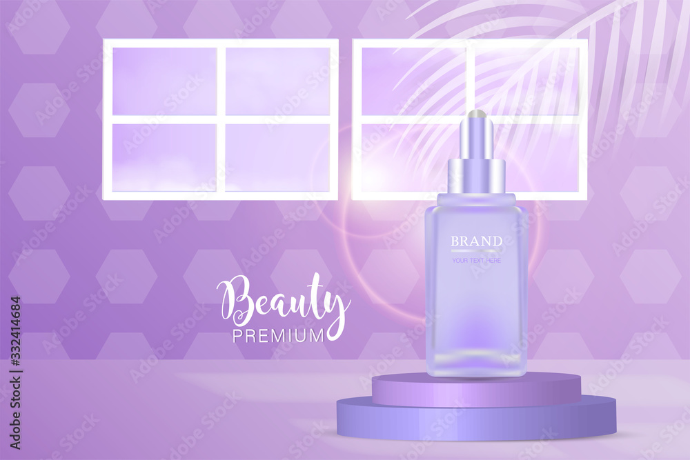Beauty product ad design, purple cosmetic container with natural concept advertising background ready to use, luxury skin care banner, illustration vector.