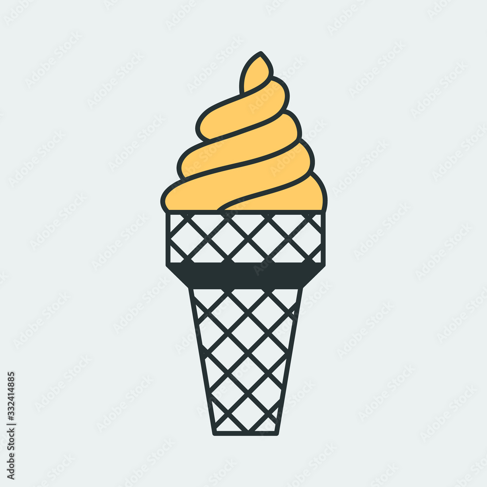 Vector icon of an ice cream cone with yellow filler. It represents a concept of summer, freshness, tasty ice cream and fun. Also can be used as a logo