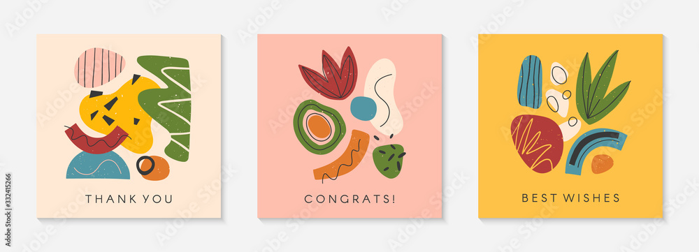 Set of creative universal artistic cards.Modern vector illustrations with hand drawn organic shapes and textures.Trendy contemporary design for prints,flyers,banners,brochures,invitations,covers.