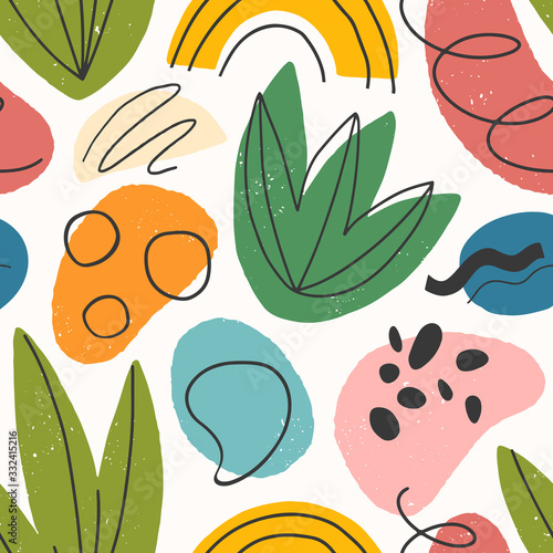 Seamless pattern with colorful hand drawn organic shapes,lines,doodles and elements.Natural forms.Vector trendy design perfect for prints,flyers,banners,fabric ,invitations,branding,covers and more.