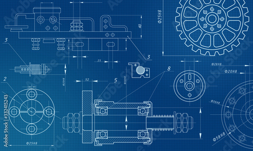 Mechanical engineering drawing on blue background. Sectioning objects with holes, ribs. Technical drawing. photo