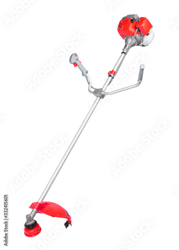 New modern red string trimmer with Gasoline-engine isolated on white background. Vertical shot.