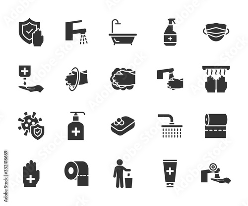 Vector set of hygiene flat icons. Contains icons washing hands  antiseptic  soap  virus protection  bathroom  toothpaste and more. Pixel perfect.