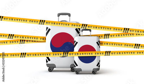 South Korea flag suitcase covered in quarantine zone tape. 3D Render