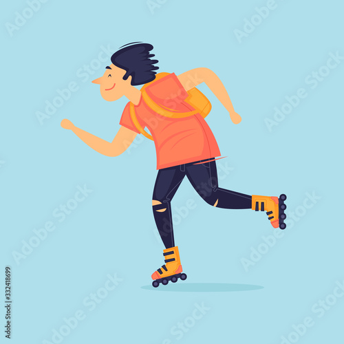 Guy rides roller skates, sports. Flat design vector illustration.