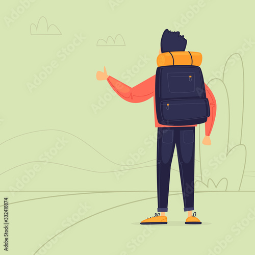 Hitchhiking, a man stops transport. Journey. Flat design vector illustration.