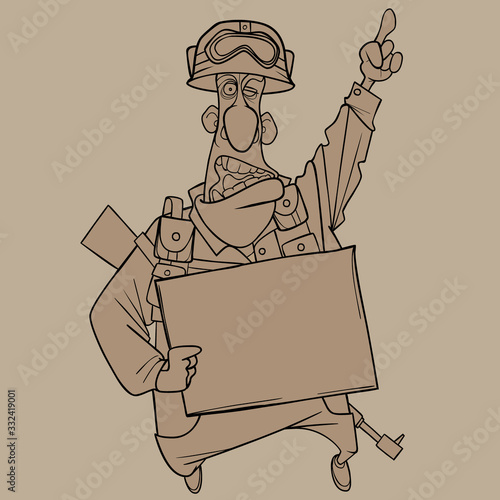 sketch of a cartoon male soldier with a blank poster in his hand