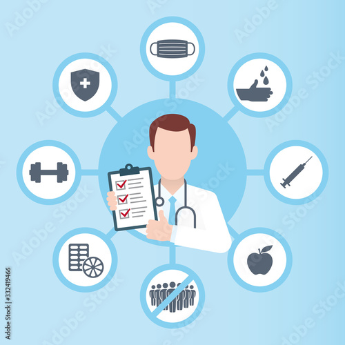 Vector coronavirus prevention vector diagram. Doctor in circle. Prevention icons.