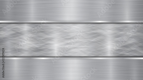 Background in silver and gray colors, consisting of a shiny metallic surface and two horizontal polished plates located above and below, with a metal texture, glares and burnished edges