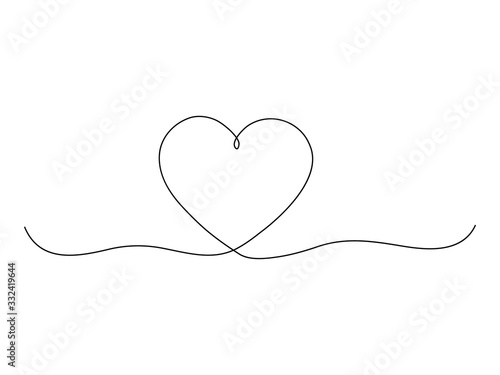 Art line continuous heart icon isolated on white. Love outline symbol, Valentine Day one line design  