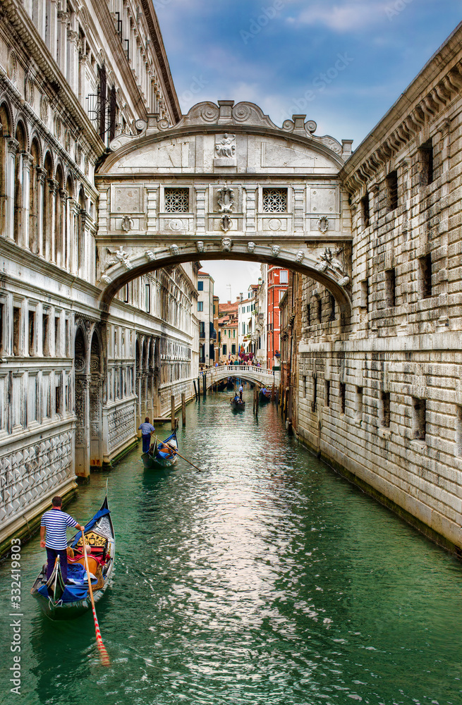 Gondolas Passing under the Bridge of Sighs, Venice