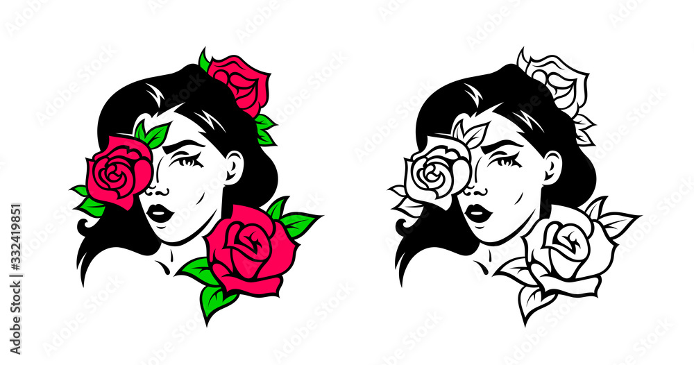 Vector illustrations of the face of a sexy girl with roses. Template for a tattoo, t-shirt print, sticker or logo. Retro badge in two versions. Color and black and white. Vector illustrations of the face of a sexy girl with roses. Template for a tattoo, t-shirt print, sticker or logo. Retro badge in two versions. Color and black and white.