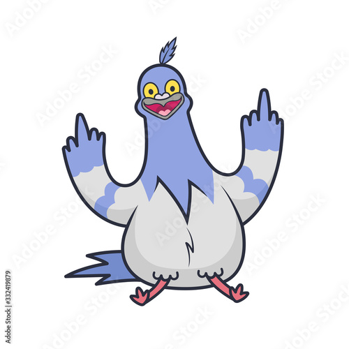 Vector funny illustration of the dove with hand gesture fuck. Sticker of the vulgar bird. Template of print for t-shirts.