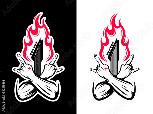 Vector illustration of hands with guitar and fire. Template for a music album, tattoo, modern poster, rock print for t-shirt, sticker or logo. Retro badge in color version.