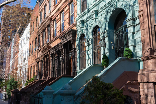 Photography A Row of Old Colorful Brownstone Townhouses on the Upper West Side of New York C
