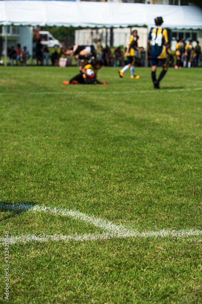 Obraz premium Soccer pitch for a girl youth tournament, seeing a goal keeper sitting on a pitch with ball safety in her hands during a game.