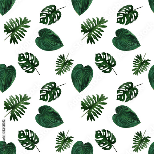Original seamless tropical pattern with bright green plants and leaves on white background. Seamless pattern with colorful leaves of colocasia, filodendron, monstera. Exotic wallpaper. Hawaiian style © Olena