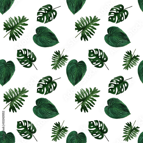 Original seamless tropical pattern with bright green plants and leaves on white background. Seamless pattern with colorful leaves of colocasia, filodendron, monstera. Exotic wallpaper. Hawaiian style