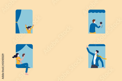 People stay home as social distancing to protect from COVID-19 coronavirus outbreak minimal concept, people at the windows with activities stay home apartment, social distancing policy with copy space