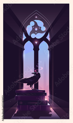 The raven is sitting on the books. Gothic window. The keeper of secrets.