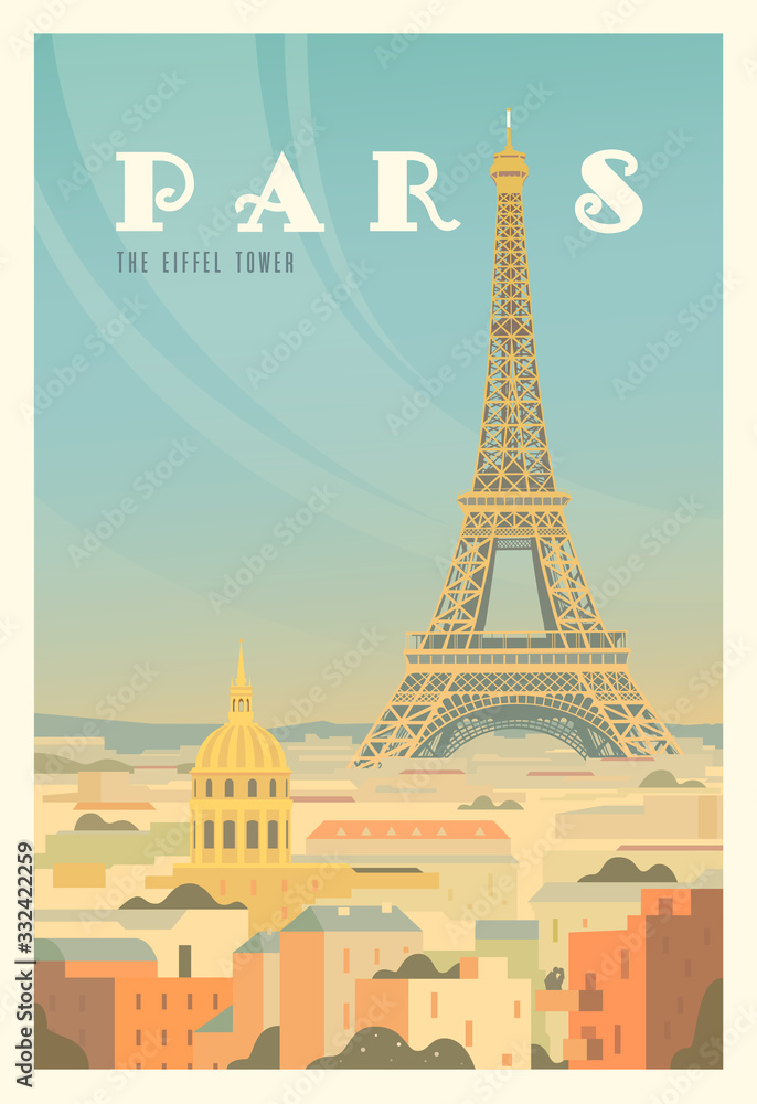 The Eiffel tower, trees. Time to travel. Around the world. Quality vector poster. France.