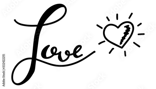Black hand drawing in word love with heart symbol on white background