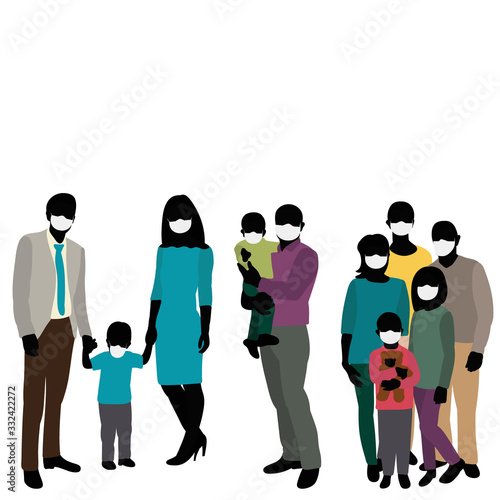 isolated, crowd of people in medical masks, family, children