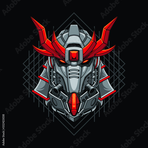 Mecha head samurai with sacred geometry pattern