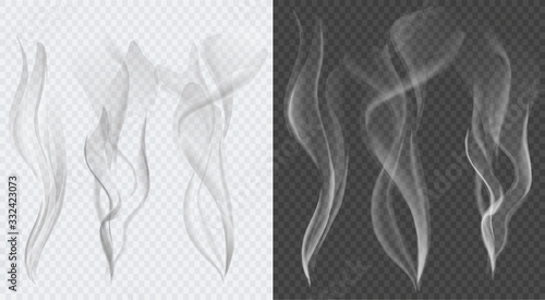 Vector set of transparent cigarette smoke collection on white and dark background