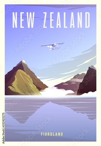 Time to travel. Around the world. Quality vector poster. National park Fiordland.