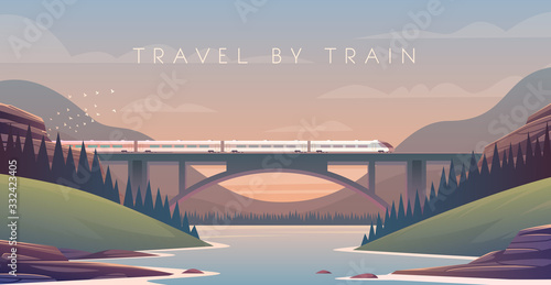 steam locomotive, vacation, mountain landscape, railway, adventure. Sunset. The bridge across the river.