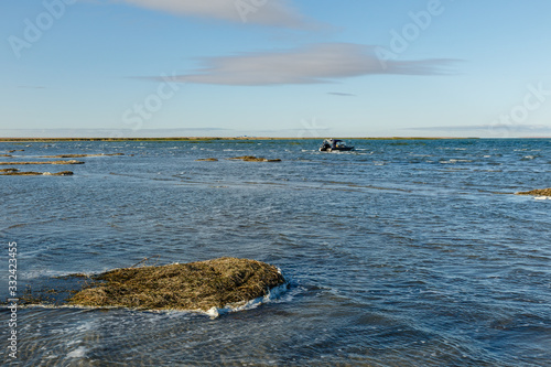 Lake Kamyslybas or Kamyshlybash, large saltwater lake in the Kyzylorda Region, Kazakhstan. waves on the surface of the lake
