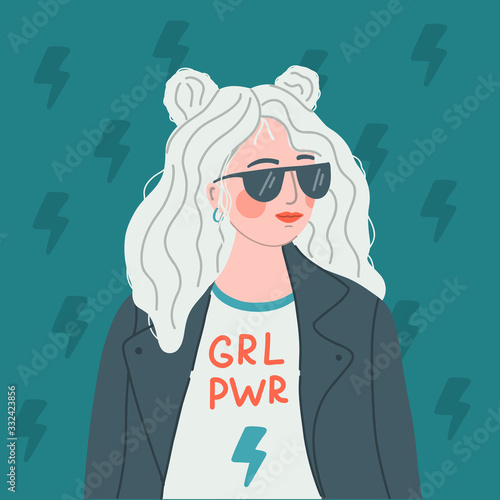 A cool girl in sunglasses, a leather jacket and a t-shirt that says Grl Pwd. Girl power, feminist concept. Flat vector illustration. photo