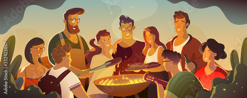 people and food concept - happy friends having meat for dinner at summer garden party at night.