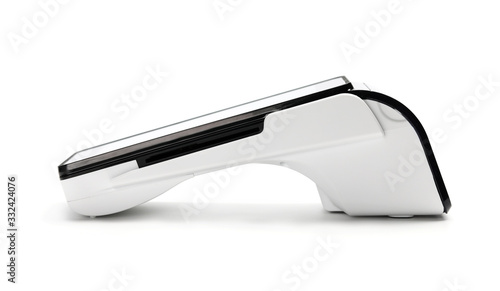 Foto Pos terminal device for reading banking cards isolated on white background