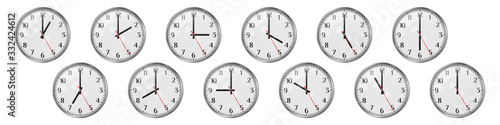 Set of round clocks showing various time. World clock set, time zones. Realistic vector illustration. The clock shows different times of the day from one to twelve.