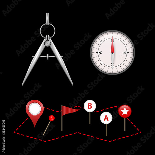 Map equipment vector set, 3D realistic illustration isolated on black background.