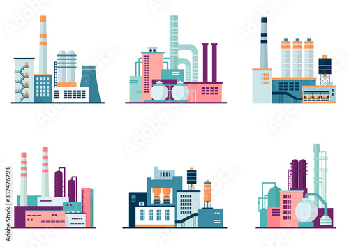 Set of industrial factory and plant buildings isolated on white background. Іcons set colorful illustration in flat style