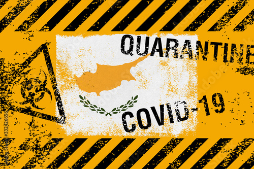 Flag of Cyprus on grunge quarantine style background with COVID-19 and QUARANTINE symbols on it. Novel Coronavirus (2019-nCoV) concept, for an outbreak occurs in Cyprus.