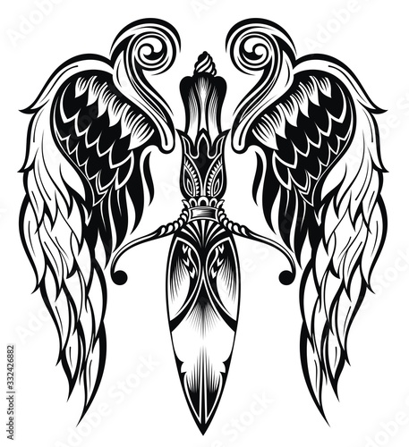 Knife with wings. Traditional tattoo wings with knife.