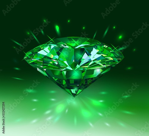 Beautiful green gem emerald on light green background. Vector illustration.