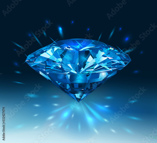 Beautiful blue gemstone sapphire on a dark blue background. Vector illustration.