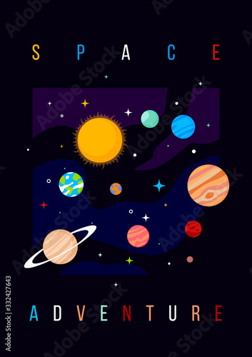 Vector creative poster illustration of astronomical bodies and sun on dark background. Celestial objects in outer space with header. Planet of solar system in galaxy.