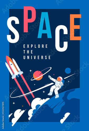 Vector creative vertical template with illustration of astronaut making spacewalk on dark background near earth. Cosmonaut in spacesuit exploring outer space and spaceship.