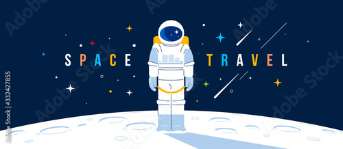 Vector creative illustration of astronaut in spacesuit making spacewalk on moon. Cosmonaut exploring outer space on dark background with header.