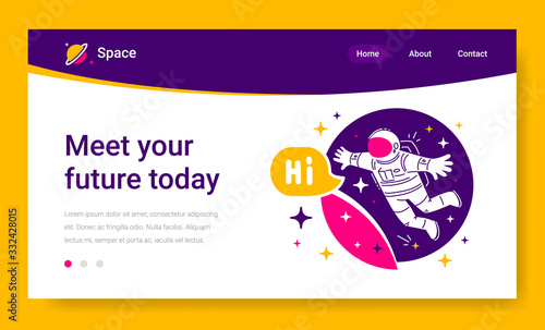 Vector template with illustration of cosmonaut in spacesuit flying in zero gravity. Astronaut exploring outer space on color background with star.