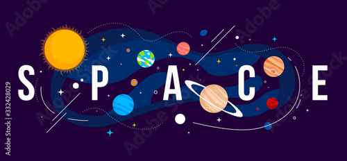 Fototapeta Naklejka Na Ścianę i Meble -  Vector creative illustration of astronomical bodies and sun on dark background with word space. Celestial objects in outer space. Planet of solar system in galaxy.